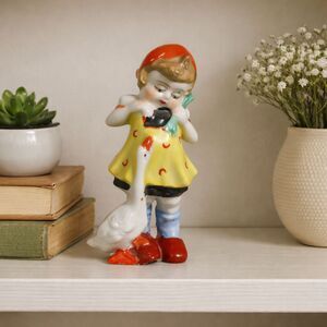 Vintage Japan Porcelain Girl Feeding Goose Figurine 5.5" Child & Duck
